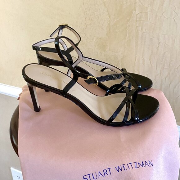 STUART WEITZMAN STARLA 80 SANDALS 7.5B STRAPPY PATENT LEATHER BL HEELS - Picture 8 of 9